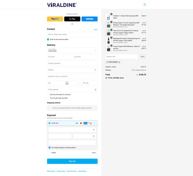 Viraldine checkout page showing Viraldine coupon code box | Screenshot taken by SimplyCodes community member on Sep 8, 2025