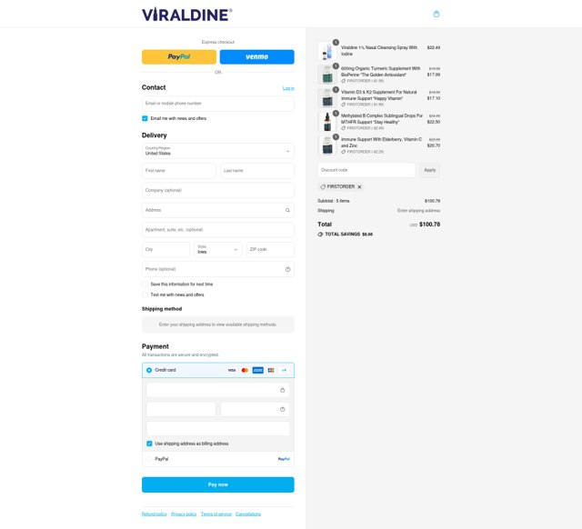 Viraldine checkout page showing Viraldine coupon code box | Screenshot taken by SimplyCodes community member on Aug 22, 2025