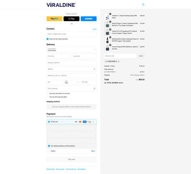 Viraldine checkout page showing Viraldine coupon code box | Screenshot taken by SimplyCodes community member on Sep 8, 2025