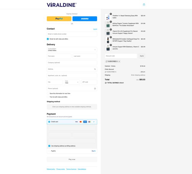 Viraldine checkout page showing Viraldine coupon code box | Screenshot taken by SimplyCodes community member on Aug 27, 2025