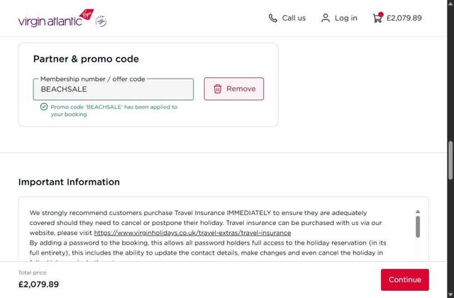 Virgin Atlantic checkout page showing Virgin Atlantic discount code box | Screenshot taken by SimplyCodes community member on Jul 14, 2025