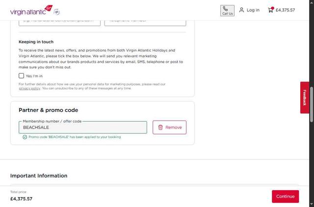 Virgin Atlantic checkout page showing Virgin Atlantic discount code box | Screenshot taken by SimplyCodes community member on May 17, 2025