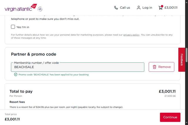 Virgin Atlantic checkout page showing Virgin Atlantic discount code box | Screenshot taken by SimplyCodes community member on Aug 13, 2025