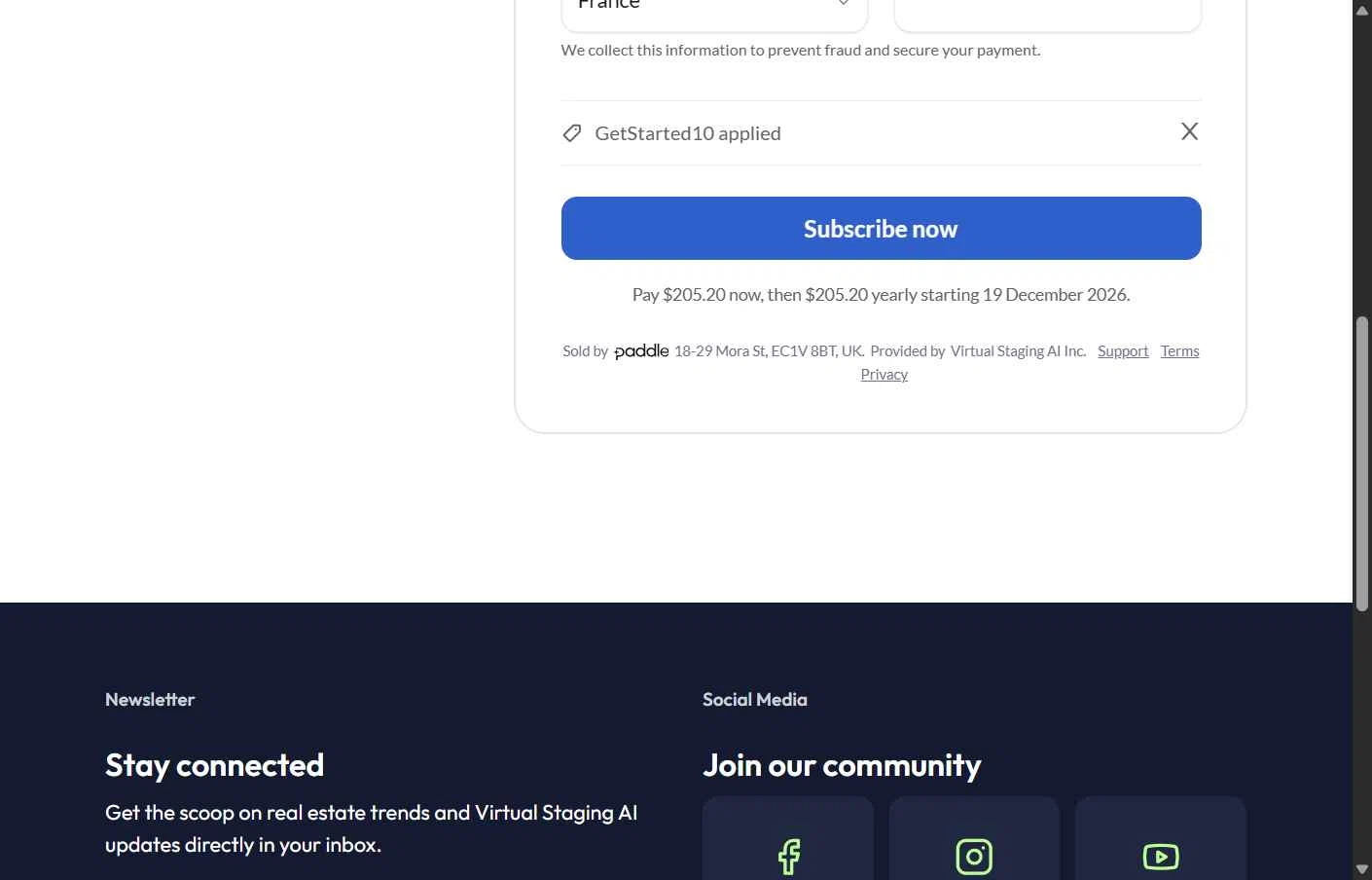 Virtual Staging AI checkout page showing Virtual Staging AI discount code box | Screenshot taken by SimplyCodes community member on Dec 19, 2025