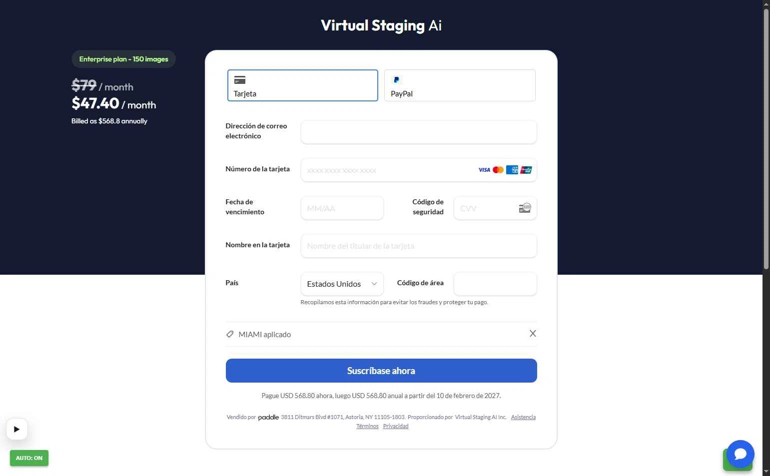 Virtual Staging AI checkout page showing Virtual Staging AI discount code box | Screenshot taken by SimplyCodes community member on Feb 10, 2026