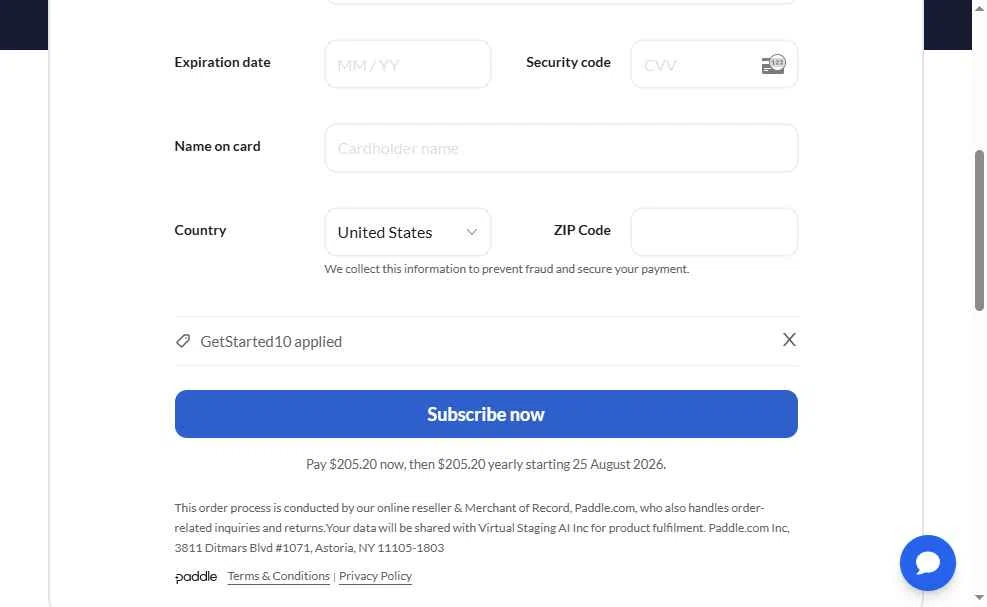 Virtual Staging AI checkout page showing Virtual Staging AI discount code box | Screenshot taken by SimplyCodes community member on Aug 25, 2025