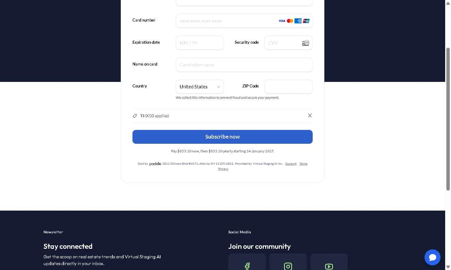 Virtual Staging AI checkout page showing Virtual Staging AI discount code box | Screenshot taken by SimplyCodes community member on Jan 14, 2026