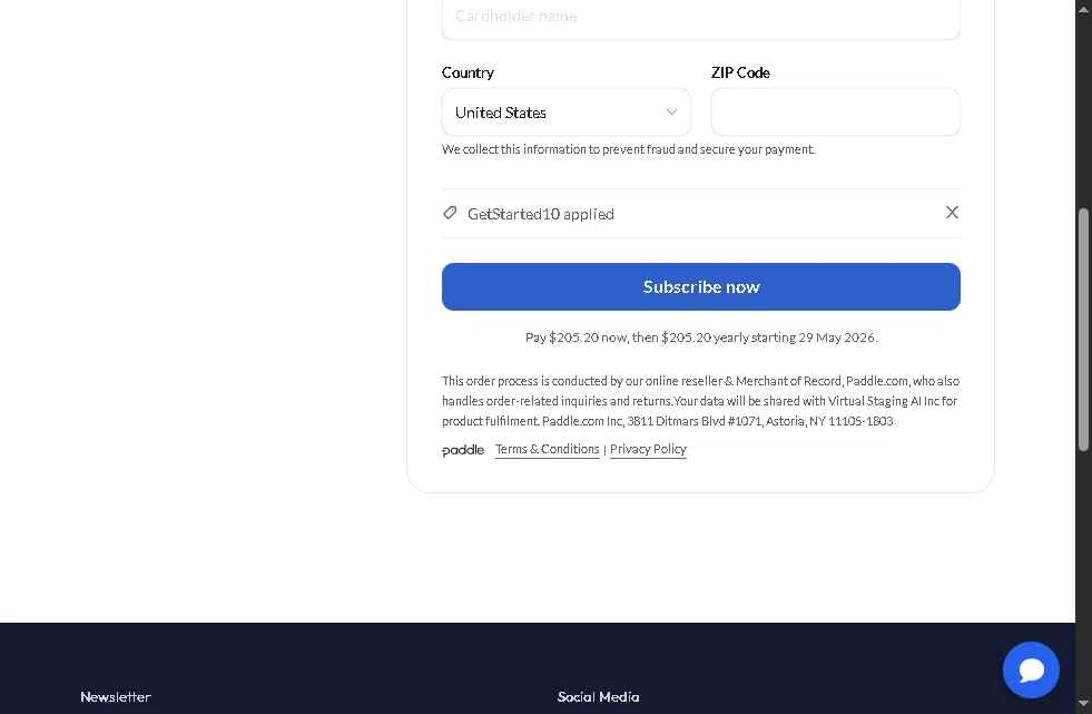 Virtual Staging AI checkout page showing Virtual Staging AI discount code box | Screenshot taken by SimplyCodes community member on May 29, 2025