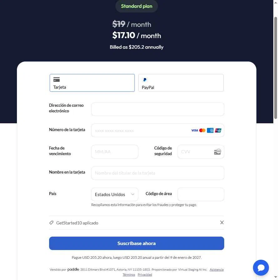 Virtual Staging AI checkout page showing Virtual Staging AI discount code box | Screenshot taken by SimplyCodes community member on Jan 9, 2026
