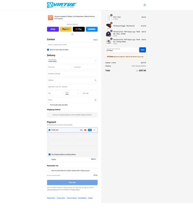 Virtue checkout page showing Virtue promo code box | Screenshot taken by SimplyCodes community member on Sep 15, 2025