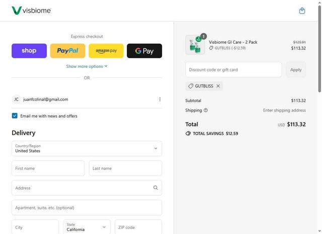Visbiome checkout page showing Visbiome discount code box | Screenshot taken by SimplyCodes community member on Aug 13, 2025