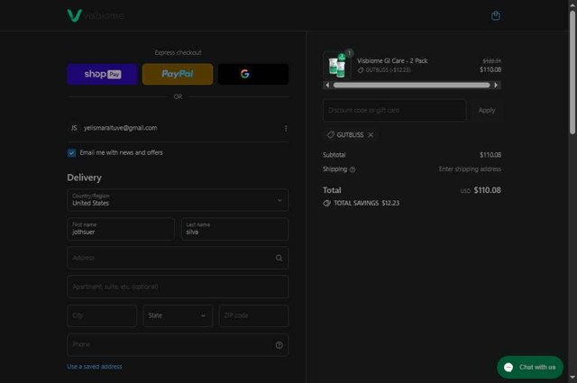 Visbiome checkout page showing Visbiome discount code box | Screenshot taken by SimplyCodes community member on Aug 7, 2025