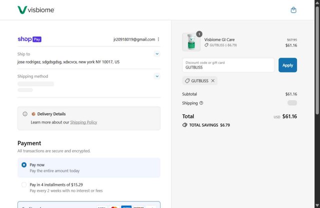 Visbiome checkout page showing Visbiome discount code box | Screenshot taken by SimplyCodes community member on Aug 3, 2025