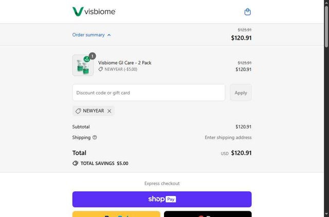 Visbiome checkout page showing Visbiome discount code box | Screenshot taken by SimplyCodes community member on Aug 23, 2025