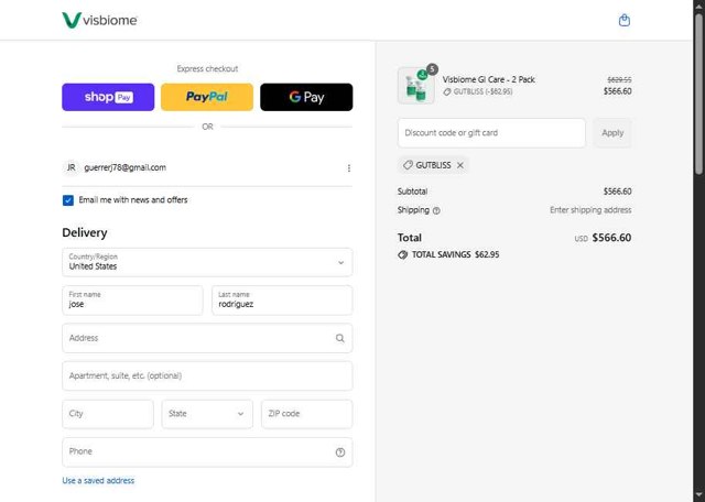 Visbiome checkout page showing Visbiome discount code box | Screenshot taken by SimplyCodes community member on Aug 18, 2025