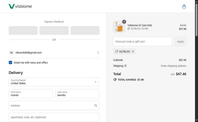Visbiome checkout page showing Visbiome discount code box | Screenshot taken by SimplyCodes community member on Aug 27, 2025