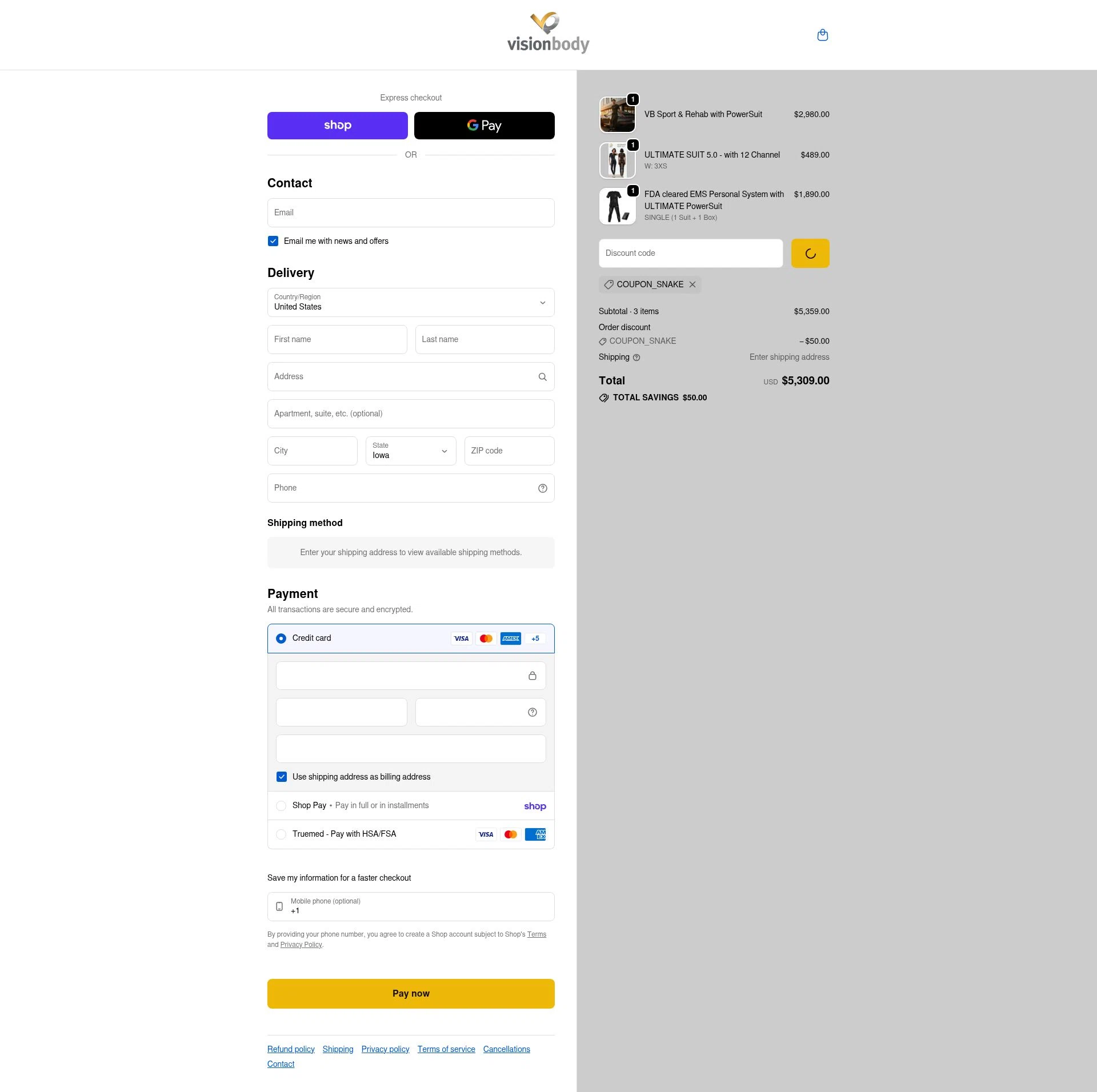 VisionbodyUSA checkout page showing VisionbodyUSA promo code box | Screenshot taken by SimplyCodes community member on Feb 3, 2026