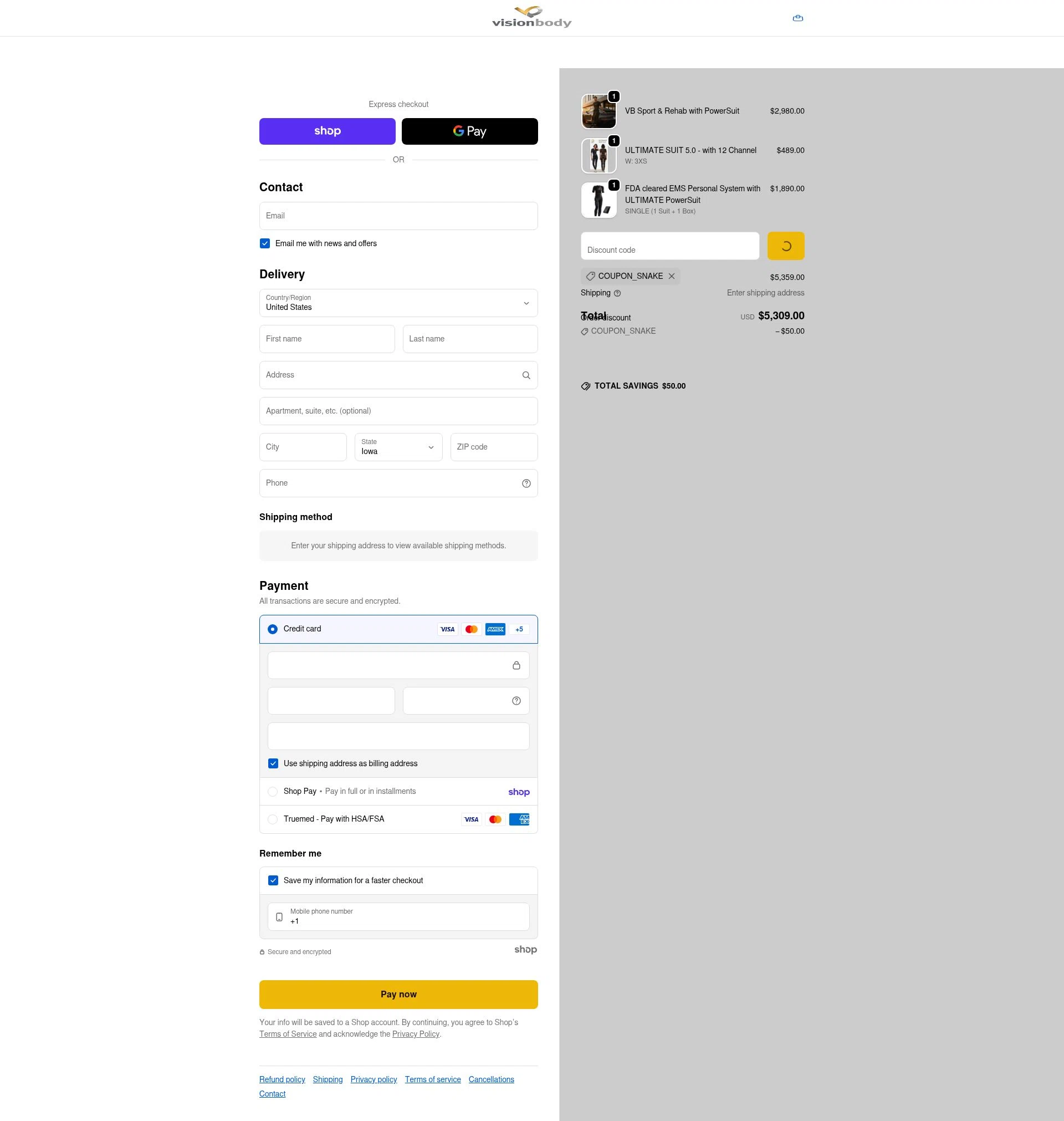 VisionbodyUSA checkout page showing VisionbodyUSA promo code box | Screenshot taken by SimplyCodes community member on Jan 25, 2026