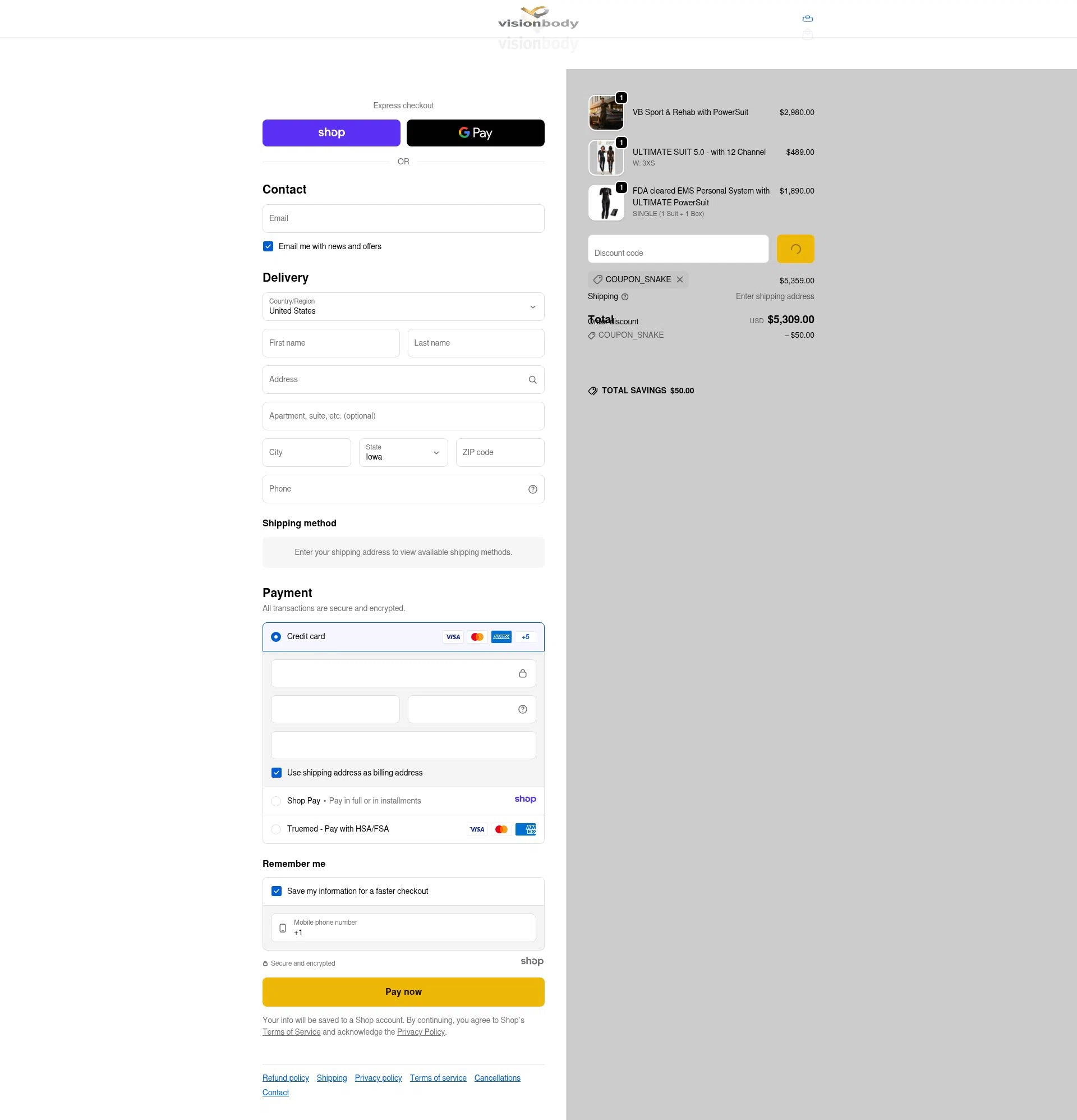 VisionbodyUSA checkout page showing VisionbodyUSA promo code box | Screenshot taken by SimplyCodes community member on Jan 20, 2026