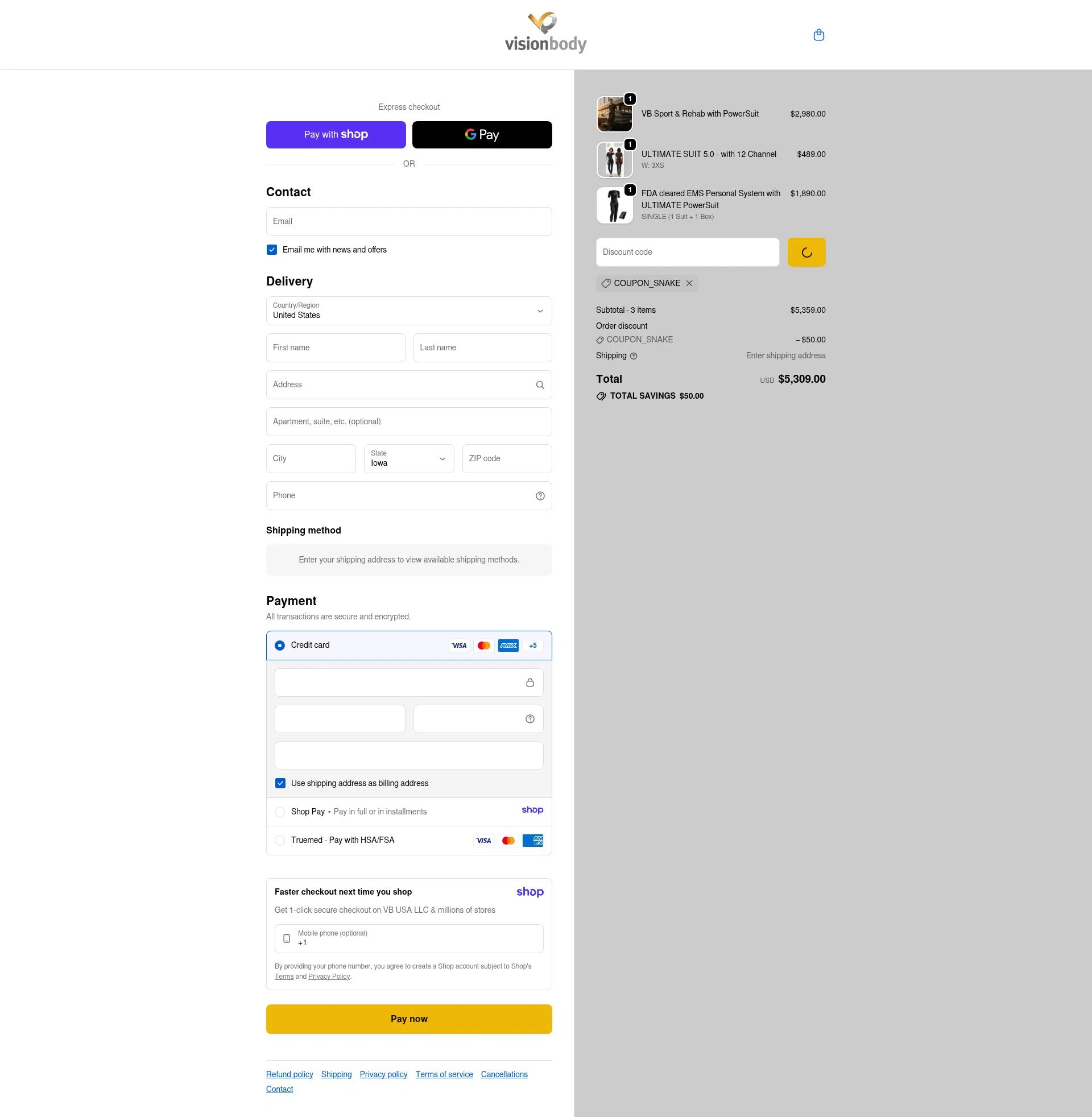 VisionbodyUSA checkout page showing VisionbodyUSA promo code box | Screenshot taken by SimplyCodes community member on Jan 10, 2026