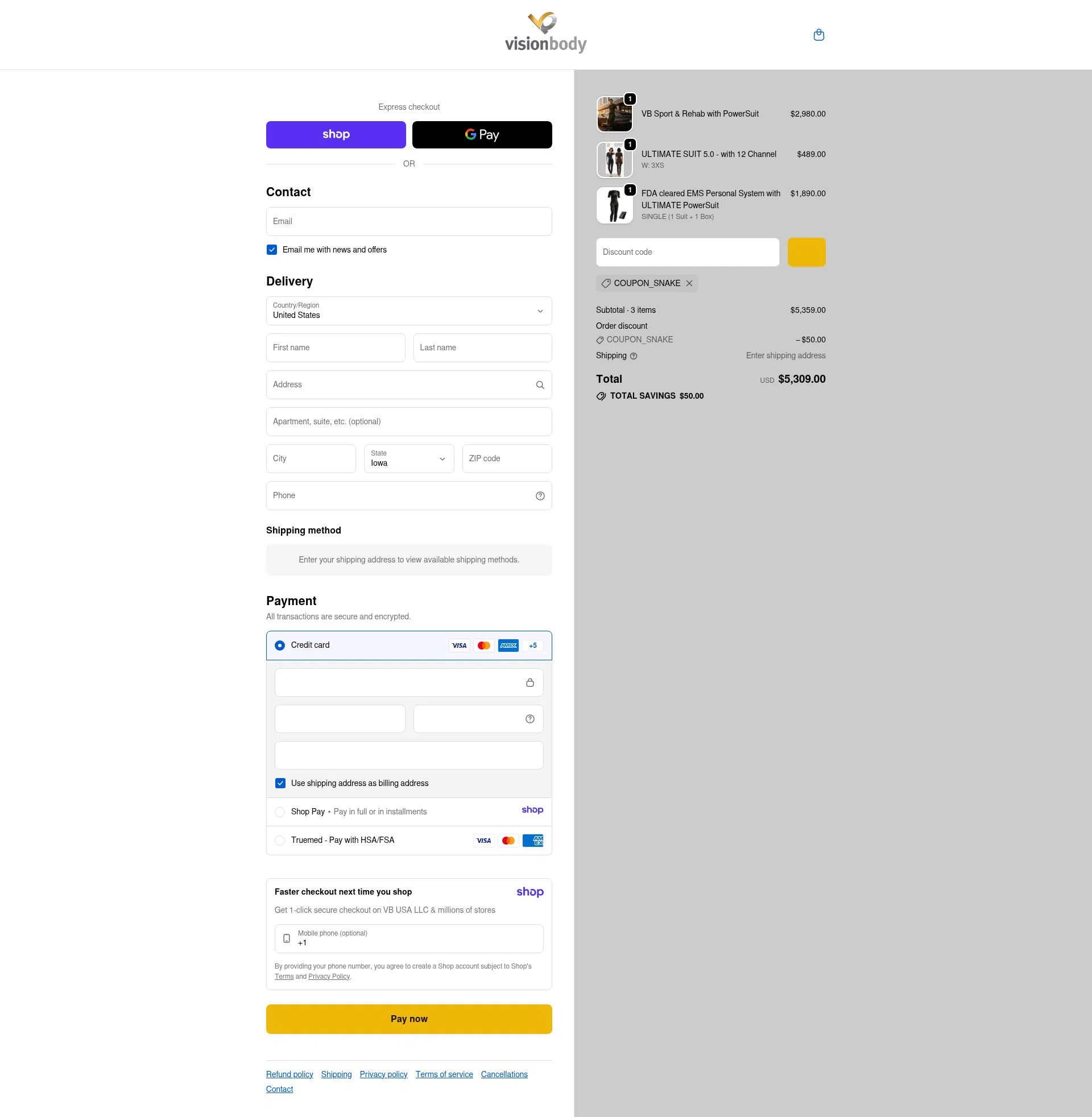 VisionbodyUSA checkout page showing VisionbodyUSA promo code box | Screenshot taken by SimplyCodes community member on Jan 15, 2026