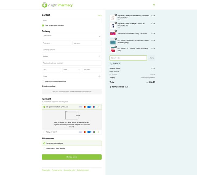 Vision Pharmacy checkout page showing Vision Pharmacy discount code box | Screenshot taken by SimplyCodes community member on Apr 26, 2025