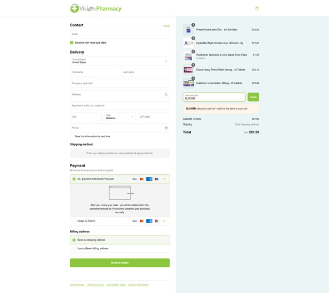 Vision Pharmacy checkout page showing Vision Pharmacy discount code box | Screenshot taken by SimplyCodes community member on May 4, 2025