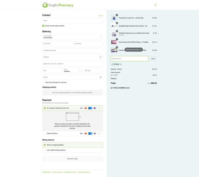 Vision Pharmacy checkout page showing Vision Pharmacy discount code box | Screenshot taken by SimplyCodes community member on May 4, 2025
