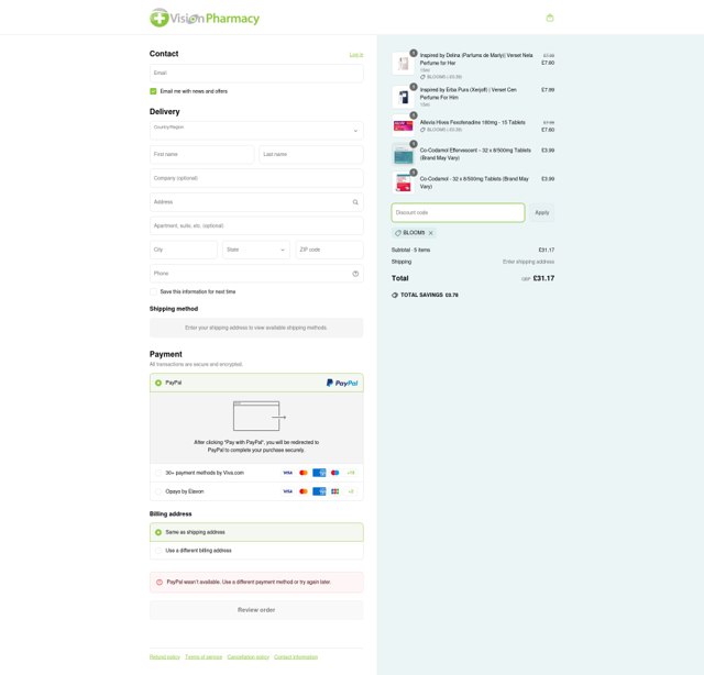 Vision Pharmacy checkout page showing Vision Pharmacy discount code box | Screenshot taken by SimplyCodes community member on Apr 19, 2025