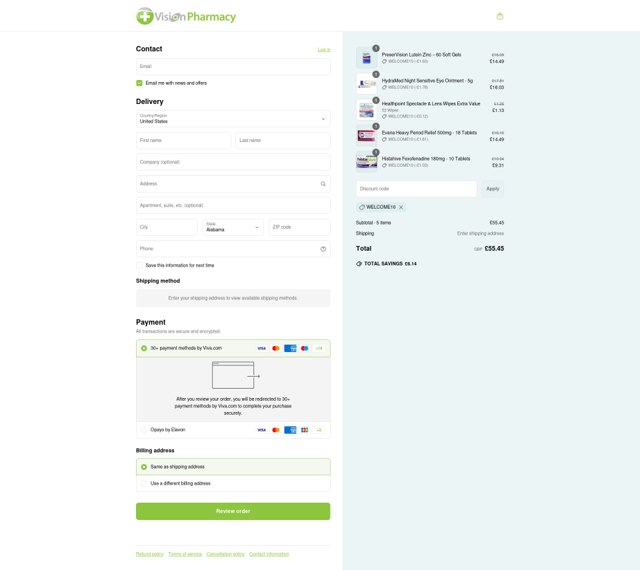 Vision Pharmacy checkout page showing Vision Pharmacy discount code box | Screenshot taken by SimplyCodes community member on May 4, 2025
