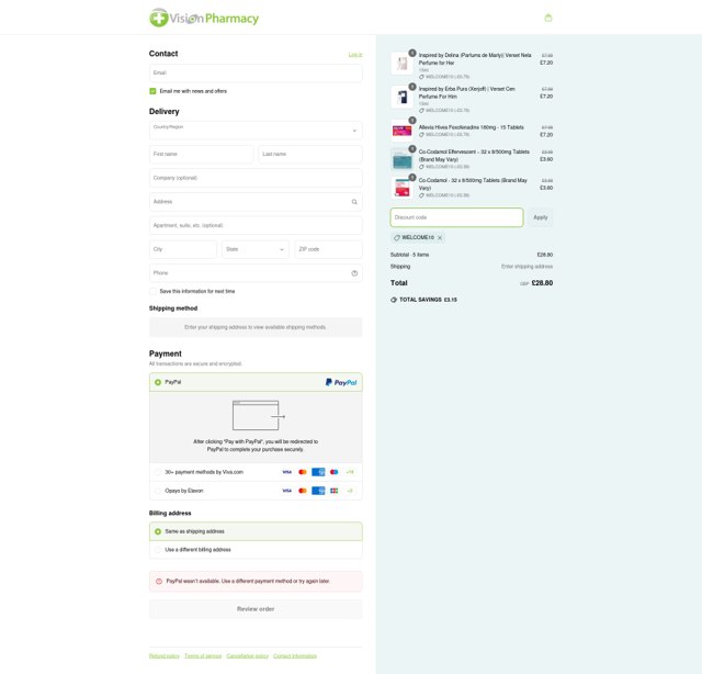 Vision Pharmacy checkout page showing Vision Pharmacy discount code box | Screenshot taken by SimplyCodes community member on Apr 19, 2025