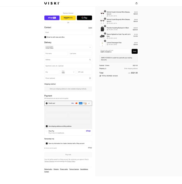 Viski checkout page showing Viski discount code box | Screenshot taken by SimplyCodes community member on Aug 15, 2025