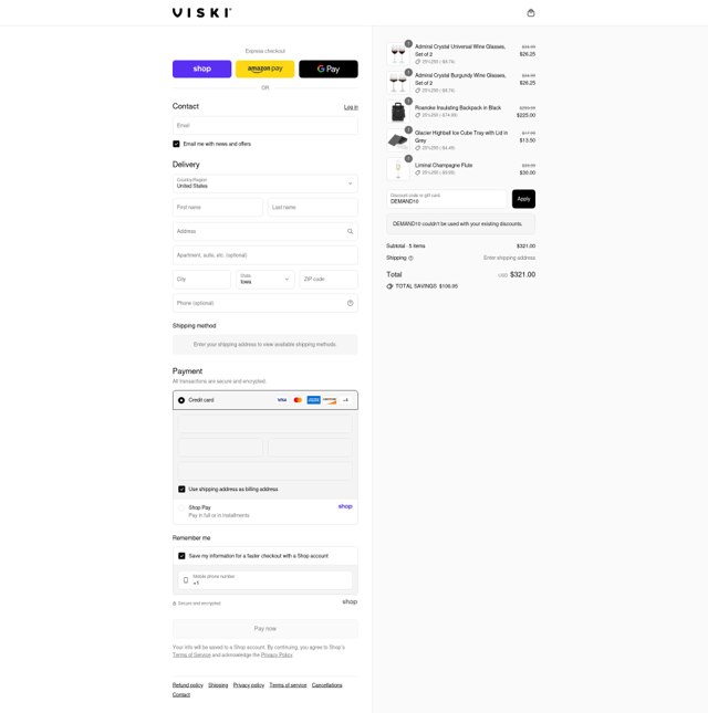 Viski checkout page showing Viski discount code box | Screenshot taken by SimplyCodes community member on Aug 28, 2025
