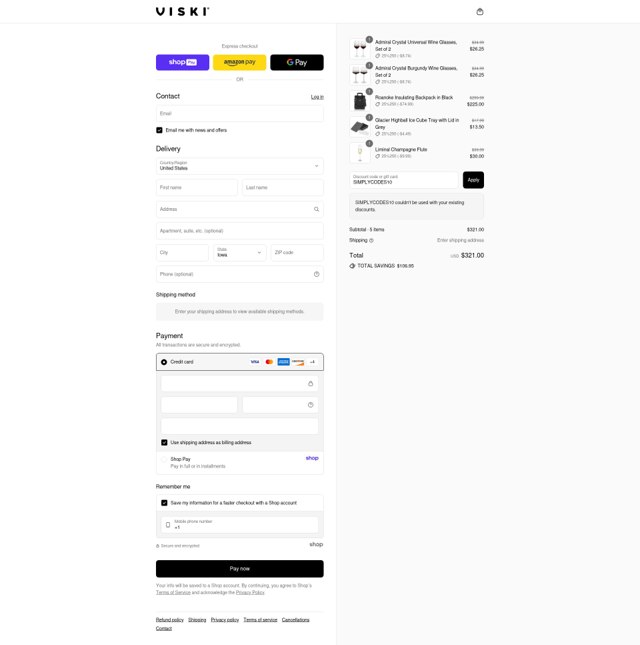 Viski checkout page showing Viski discount code box | Screenshot taken by SimplyCodes community member on Aug 20, 2025