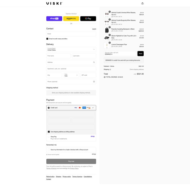 Viski checkout page showing Viski discount code box | Screenshot taken by SimplyCodes community member on Aug 20, 2025