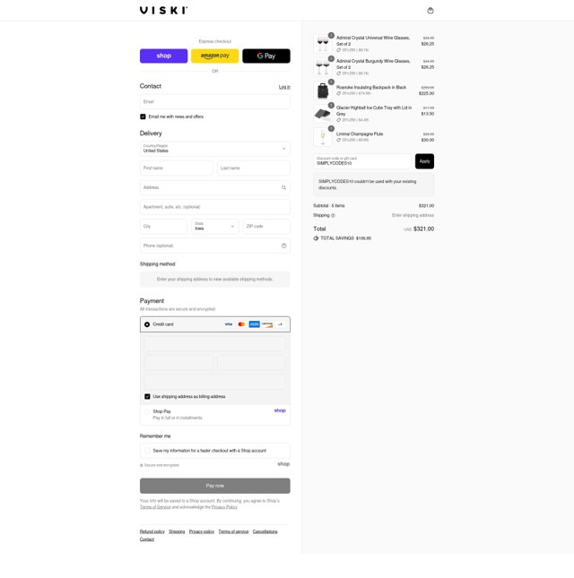 Viski checkout page showing Viski discount code box | Screenshot taken by SimplyCodes community member on Sep 2, 2025