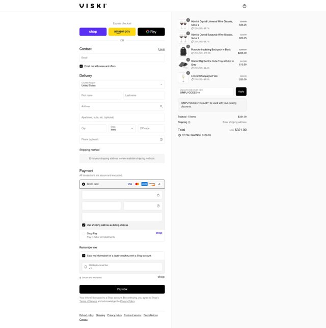 Viski checkout page showing Viski discount code box | Screenshot taken by SimplyCodes community member on Aug 28, 2025