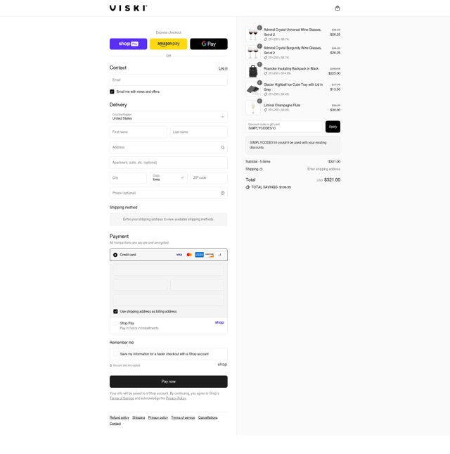 Viski checkout page showing Viski discount code box | Screenshot taken by SimplyCodes community member on Aug 24, 2025