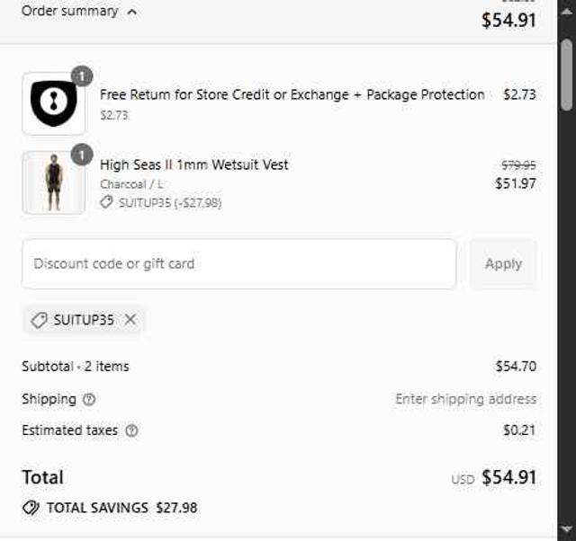 Vissla checkout page showing Vissla discount code box | Screenshot taken by SimplyCodes community member on Aug 22, 2025