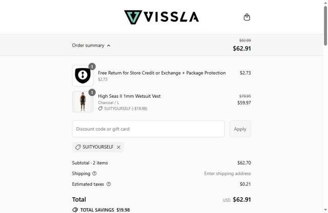 Vissla checkout page showing Vissla discount code box | Screenshot taken by SimplyCodes community member on Aug 28, 2025