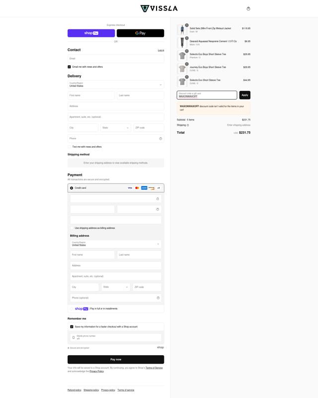 Vissla checkout page showing Vissla discount code box | Screenshot taken by SimplyCodes community member on Apr 9, 2025