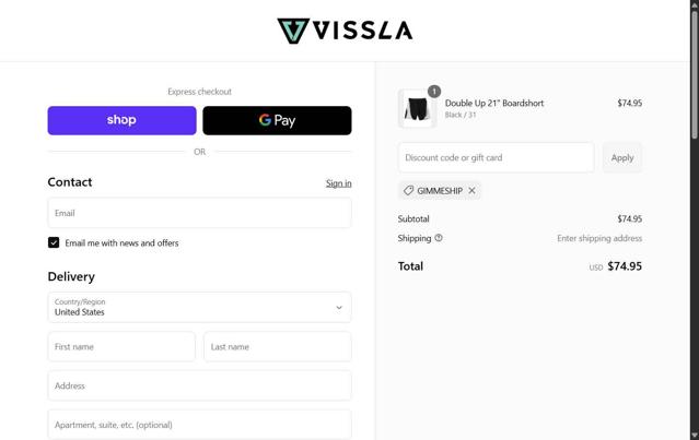 Vissla checkout page showing Vissla discount code box | Screenshot taken by SimplyCodes community member on Sep 12, 2025