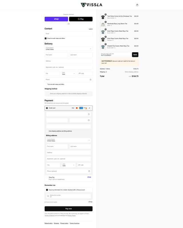 Vissla checkout page showing Vissla discount code box | Screenshot taken by SimplyCodes community member on Aug 29, 2025