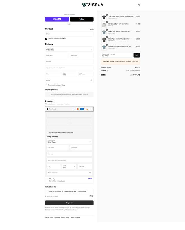 Vissla checkout page showing Vissla discount code box | Screenshot taken by SimplyCodes community member on Aug 25, 2025