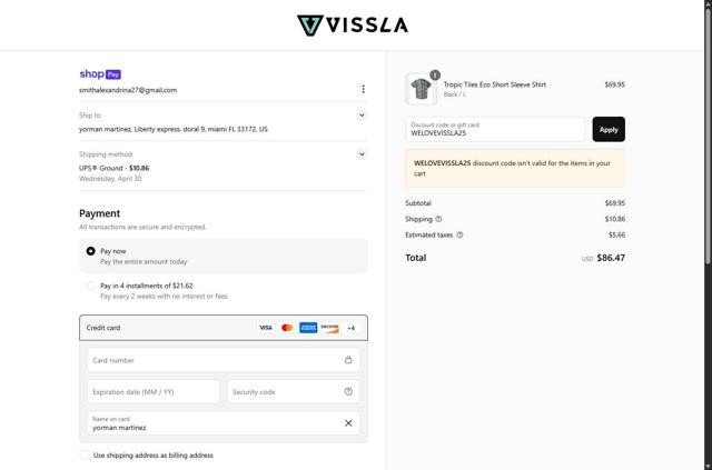 Vissla checkout page showing Vissla discount code box | Screenshot taken by SimplyCodes community member on Apr 21, 2025