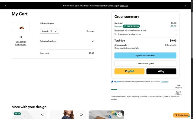 Vistaprint checkout page showing Vistaprint promo code box | Screenshot taken by SimplyCodes community member on Aug 26, 2025