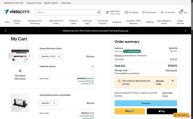 Vistaprint checkout page showing Vistaprint promo code box | Screenshot taken by SimplyCodes community member on Aug 27, 2025