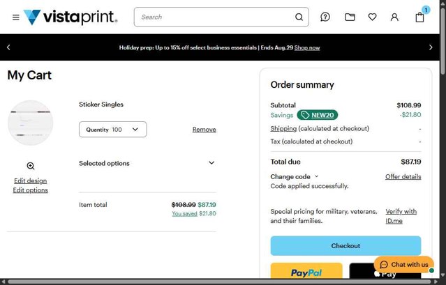 Vistaprint checkout page showing Vistaprint promo code box | Screenshot taken by SimplyCodes community member on Aug 26, 2025
