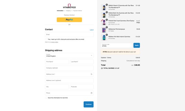 Vitabiotics checkout page showing Vitabiotics discount code box | Screenshot taken by SimplyCodes community member on Sep 2, 2025