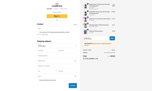 Vitabiotics checkout page showing Vitabiotics discount code box | Screenshot taken by SimplyCodes community member on Aug 29, 2025